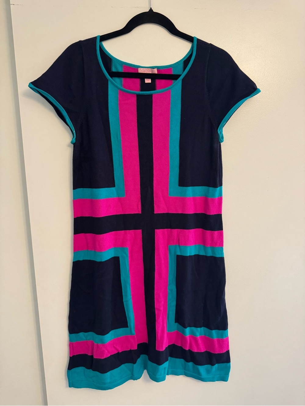 Lilly Pulitzer Navy Dress with Pink & Teal Geometric Panel